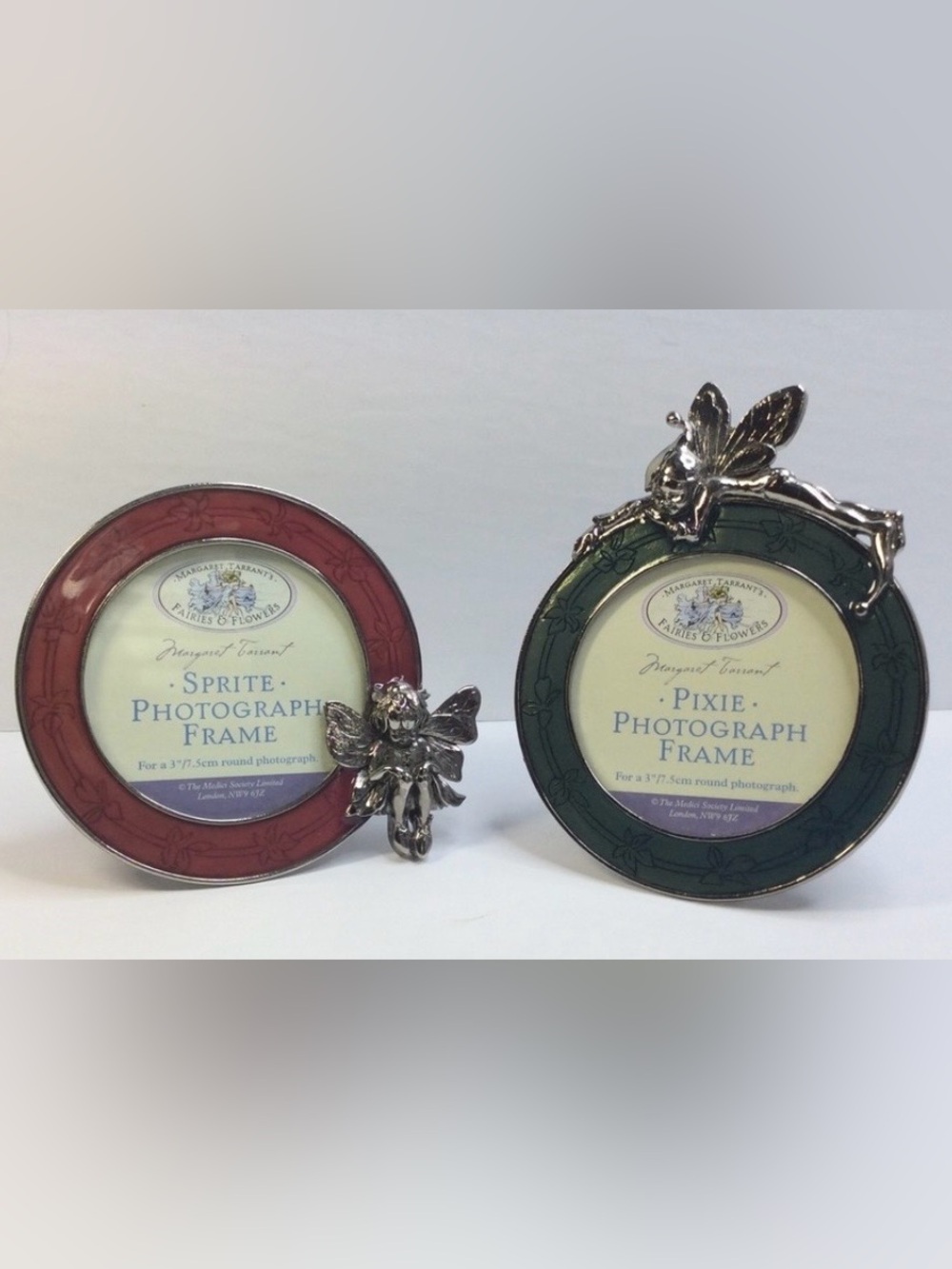 VTG Margaret Tarrant's Fairy & Flower enamel pewter Picture Frames (2) 3in